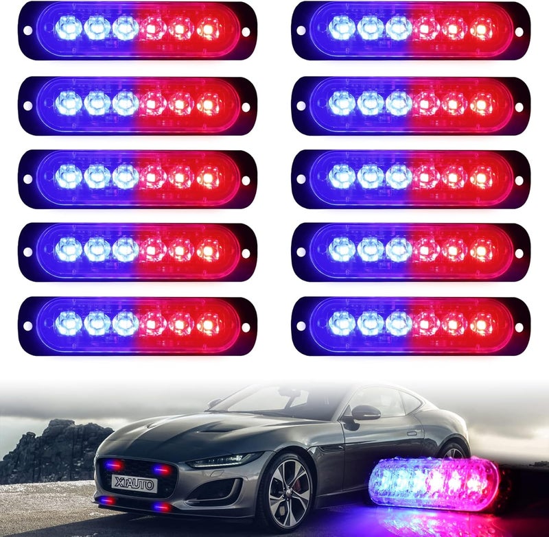 XTAUTO 10pcs LED Emergency Strobe Light, 6-LED Ultra Slim Surface Mount Flashing Warning Beacon Hazard Construction Caution Grille Light Bar for Truck Car Off Road Vehicles SUV ATV (Red Blue) - Image 1